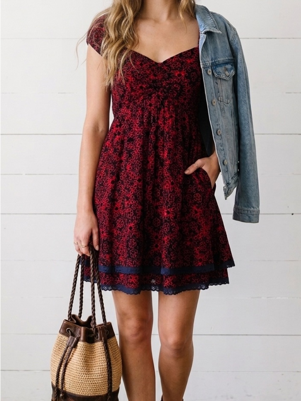 Free People Red & NavyFloral Embroidered Mini Dress S bohemian Cottagecore